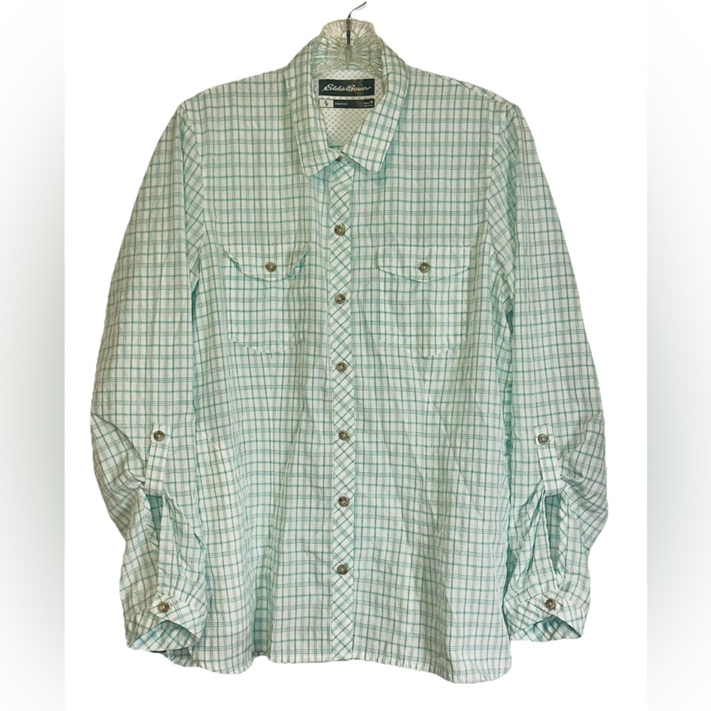 Eddie Bauer Shirt Womens M Button Up Blouse Top Plaid Long‎ Sleeve Green Travex